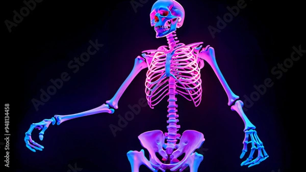 Fototapeta Expressive neon lighting of the human skeleton on a dark background: a combination of artistic anatomy with a modern neon effect in bright pink, purple and blue tones, highlighting the bone structure 