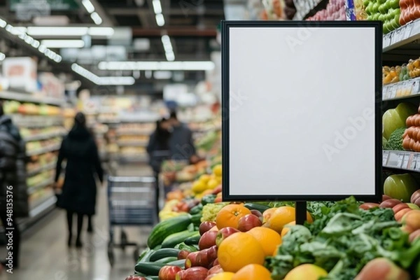 Fototapeta Blank sign is displayed in a grocery store near fresh fruits and vegetables