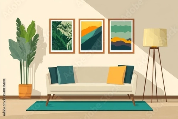 Fototapeta Interior of a stylish light room with gray sofas that are comfortable