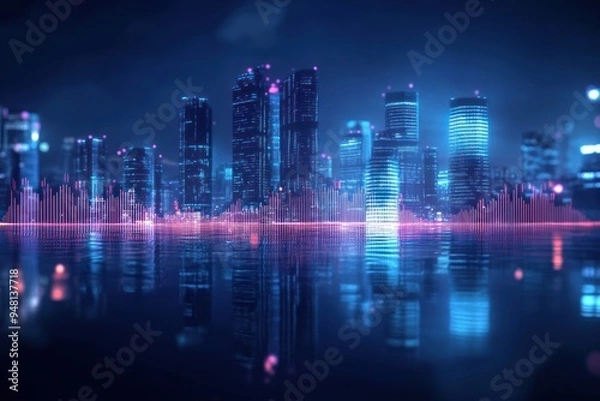 Fototapeta Neon Cityscape with Vibrant Reflections