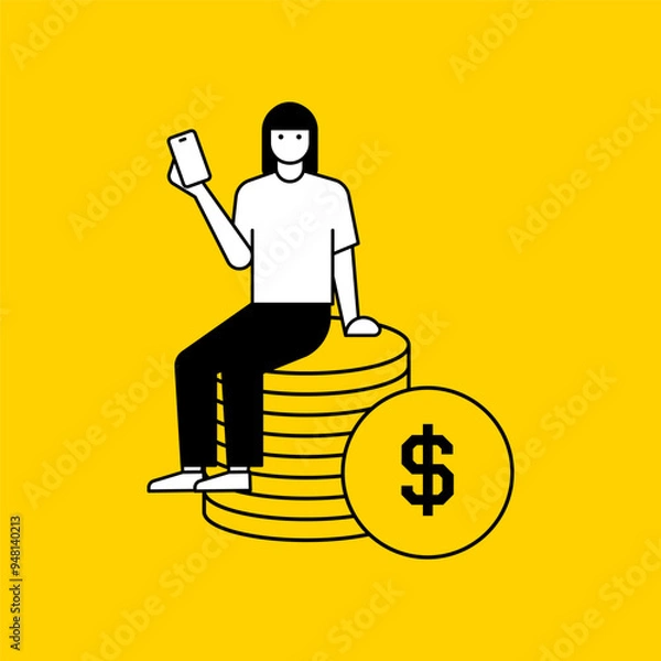 Obraz Finance and people, accounts for household economic growth, investment plan management. A man is holding a money icon. A woman put a money icon on her farm. flat design style minimal illustration.
