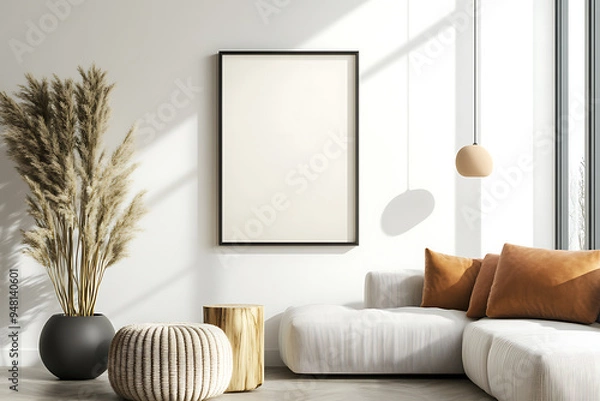 Obraz A white room with a black framed picture on the wall