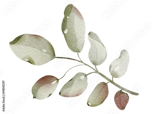 Fototapeta Watercolor hand drawn rowanberry leaf. Drawing of plant close up. Green autumn leaf. Botanical decoration for tea packaging design and card, logo, label print. Herbarium decoration.
