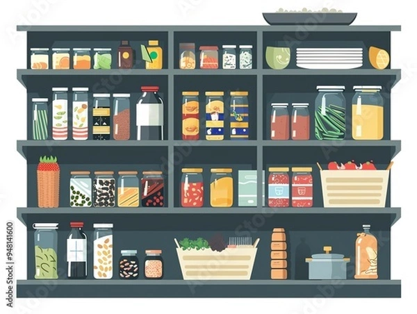 Obraz Home organization, neatly arranged pantry, flat design illustration