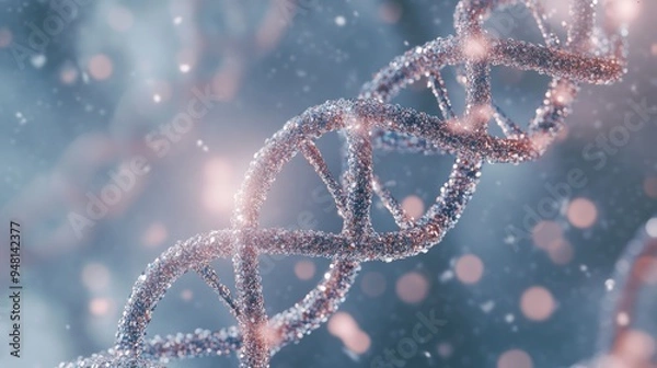 Fototapeta Close-up of a shimmering DNA helix in soft focus, illustrating the beauty of genetic structure.