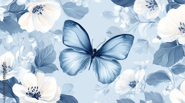 Fototapeta A stunning blue butterfly gracefully perched amidst soft floral patterns, creating a serene and elegant atmosphere.