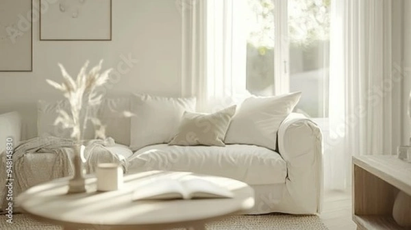 Fototapeta Cozy and modern living room with a white sofa, coffee table, and a light, airy decor, illuminated by natural light for a welcoming and elegant look.