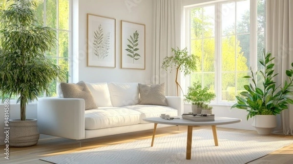Fototapeta Cozy and modern living room with a white sofa, coffee table, and a light, airy decor, illuminated by natural light for a welcoming and elegant look.