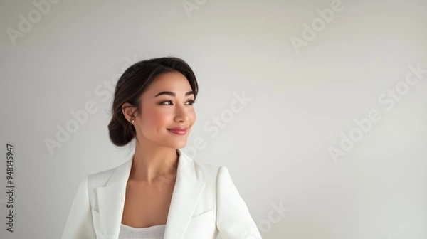 Obraz Profile of a young Asian woman with dark hair in a neat bun, wearing a white blazer. She is looking sideways with a slight smile, standing against a neutral background.