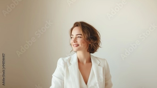 Fototapeta Portrait of a young Caucasian woman with short brown hair, smiling while looking away, dressed in a white blazer. The background is light and neutral.