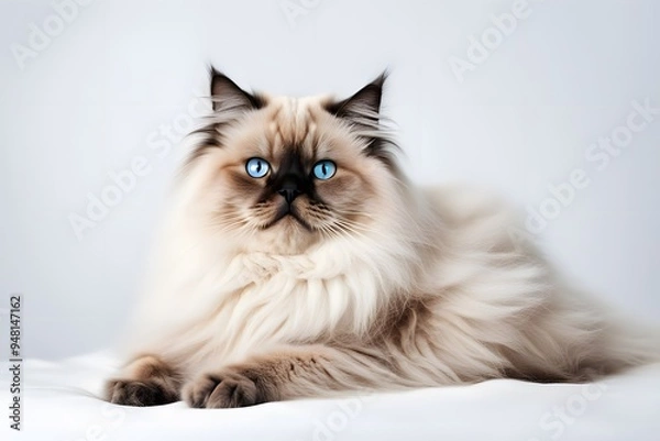 Fototapeta A fluffy himalayan cat with blue eyes and a luxurious coat lounging on a white background, AI generated