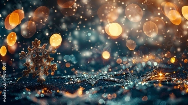 Fototapeta A snowflake is on a blue background with a lot of light and snow