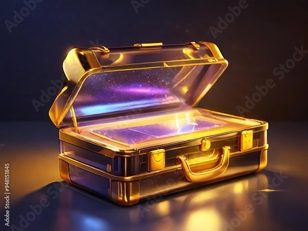 Fototapeta Radiant 3D holographic briefcase icon, golden light, semi-transparent, floating in a modern, dark workspace