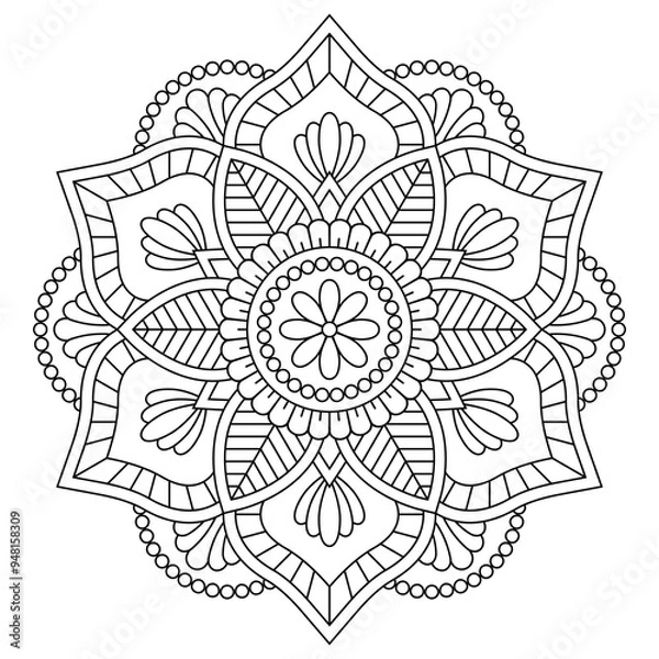 Fototapeta Isolated black mandala in vector. Round flower line unpainted pattern. Vintage monochrome element for coloring pages and design