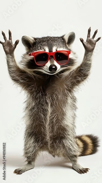 Obraz A raccoon that is wearing red sunglasses is standing upright on its hind legs