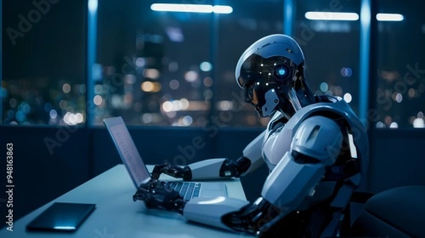 Fototapeta a robot working at high technology laboratory office environment with laptop 