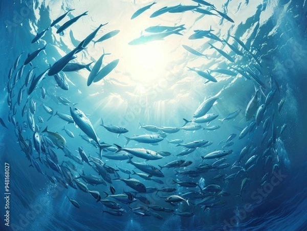 Fototapeta Fish in the ocean. A large school of fish swim in circles in the ocean.