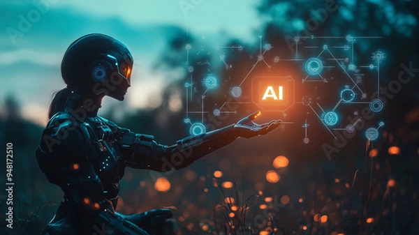 Fototapeta A futuristic robot with a sleek design sits confidently, extending one hand towards a glowing "AI" icon surrounded by various technological symbols
