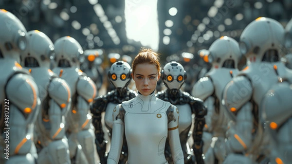 Fototapeta A trio in a corporate setting, with a human executive in the middle, looking composed and confident, while on either side, two robots dressed in suits display animated yet mechanical faces