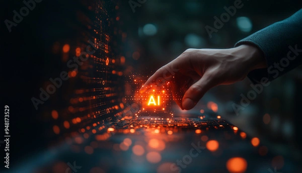 Fototapeta In a high-tech workspace, a person dressed in a business suit touches a glowing "AI" icon on a holographic display, surrounded by digital circuitry