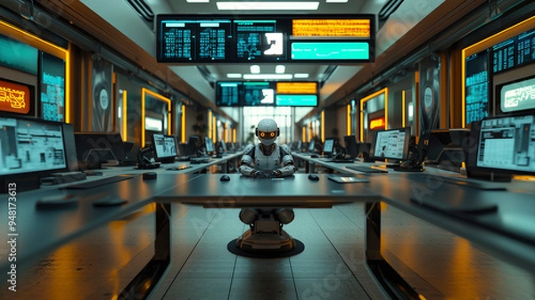 Fototapeta In a minimalist office environment, a humanoid robot sits quietly at a desk, surrounded by vacant workstations