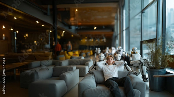 Fototapeta In a minimalist office environment, a young professional in a relaxed pose is flanked by two robotic figures in formal attire, each robot with distinct mechanical features and expressions