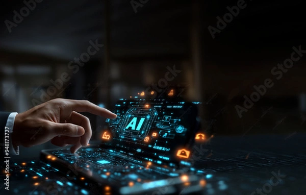 Fototapeta In a professional setting, a hand gestures towards a floating "AI" hologram above a tablet, surrounded by a network of digital icons and keywords