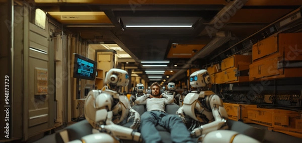 Fototapeta In a minimalist office environment, a young professional in a relaxed pose is flanked by two robotic figures in formal attire, each robot with distinct mechanical features and expressions