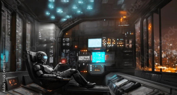 Fototapeta Rough charcoal sketch of a humanoid robot reclining in a chair, projecting a glowing "AI" icon from its hand