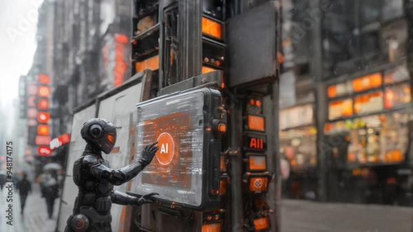 Fototapeta Rough charcoal sketch of a modern robot holding out its hand to display a glowing "AI" icon