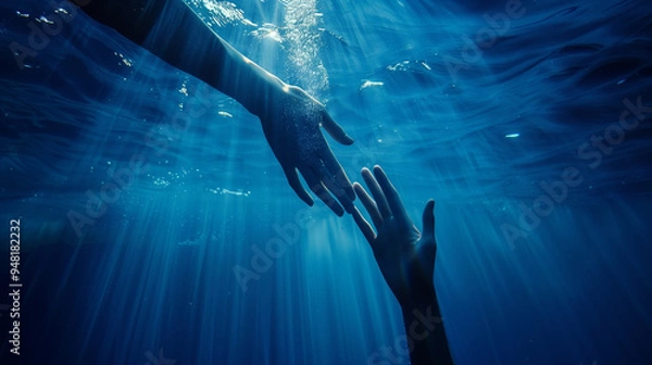 Fototapeta A hand reaching out to another hand in the water. Concept of connection and unity