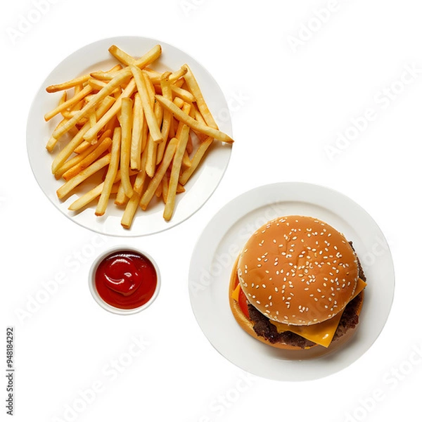 Fototapeta Burger and French fries isolated on transparent background,Combom Burger and friees, tasty burger with French fries, Burger on white plate, Set of burger,png, Ai generated
