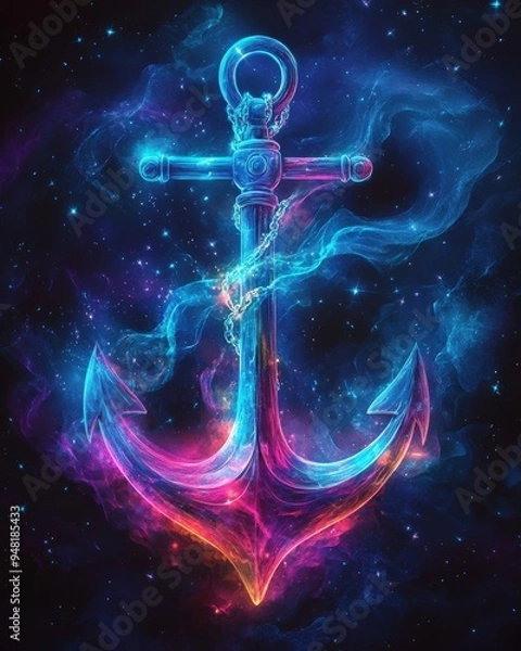 Obraz Anchor logo in neon style. Postcard on a black background with a blue anchor, glowing anchor on a black background, anchor logo, anchor pattern banner in modern art style