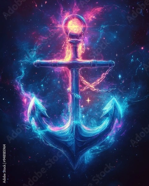 Obraz Anchor logo in neon style. Postcard on a black background with a blue anchor, glowing anchor on a black background, anchor logo, anchor pattern banner in modern art style
