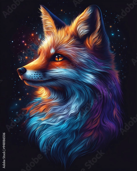 Obraz Fox head close-up, creative art style, colorful fox for the screen saver. High resolution, fox head on a black background, creative image of animals