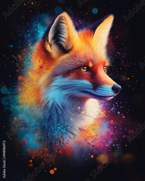 Obraz Fox head close-up, creative art style, colorful fox for the screen saver. High resolution, fox head on a black background, creative image of animals