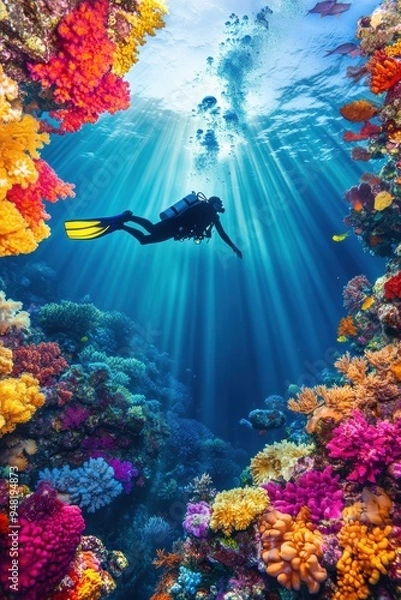 Fototapeta Diver with colorful beautiful coral reef with sea life fishes
