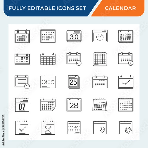Obraz calendar date line icon set with editable stroke.