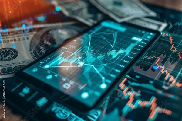 Fototapeta Digital financial charts and graphs on a smartphone screen, symbolizing investment, market analysis, and economic trends
