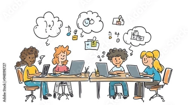 Fototapeta Students sitting around an office table, their laptops and digital devices in front of them, doodle style