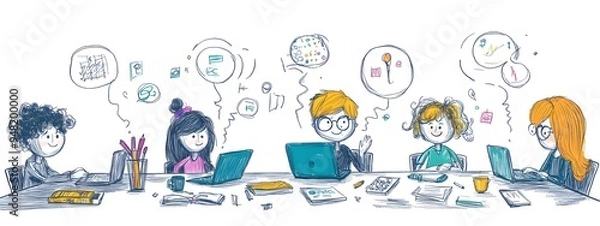 Fototapeta Students sitting around an office table, their laptops and digital devices in front of them, doodle style