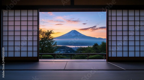 Fototapeta 障子窓から夕暮れに映える富士山