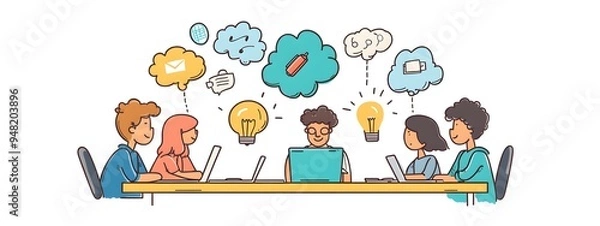 Fototapeta Students sitting around an office table, their laptops and digital devices in front of them, doodle style