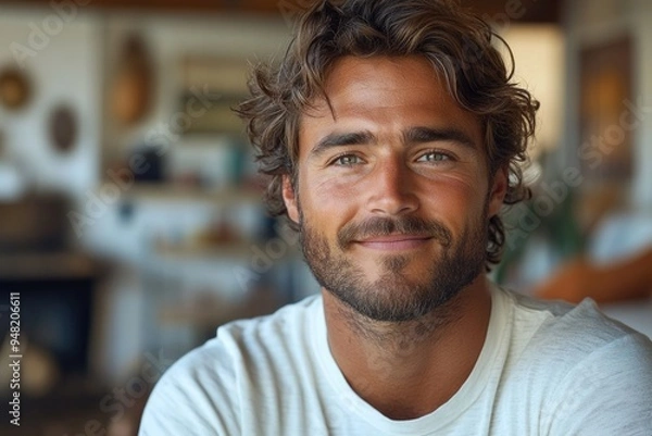 Fototapeta Cheerful Man with a Radiant Smile Poses Happily for the Camera in a Cozy Home Setting