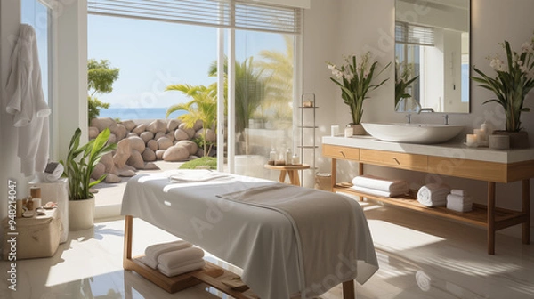 Fototapeta Design of a spa resort. Luxury massage room with big table, towels and different decorations