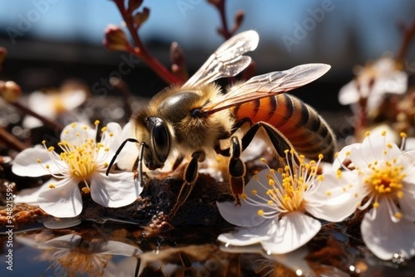 Fototapeta Close of a bee eating white flower pollen in the field, generative IA