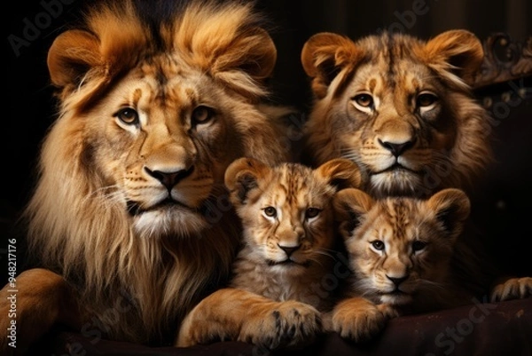 Fototapeta Family of lions with dark background puppies, generative IA