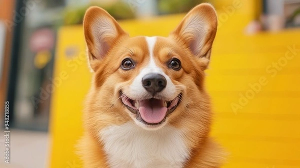 Fototapeta Cute corgi with a bright smile against a vibrant yellow background, showcasing a playful and cheerful personality.