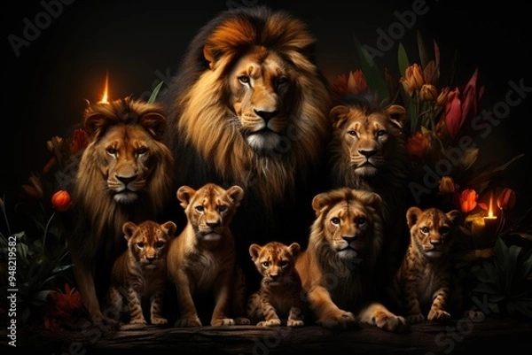 Fototapeta Large group of wild zoo with several wild animals in 3D black background and ill, generative IA