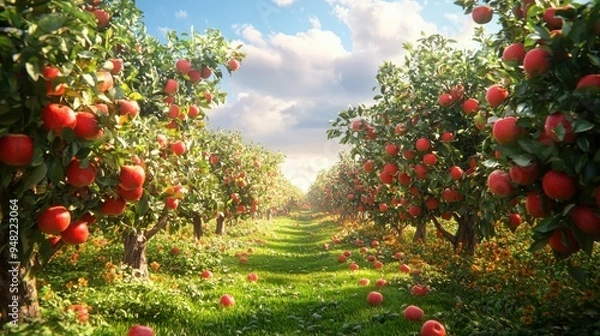 Obraz Bountiful Organic Apple Orchard - Lush Trees Laden with Ripe Apples, Vibrant 3D Illustration of Harvest Time Bounty